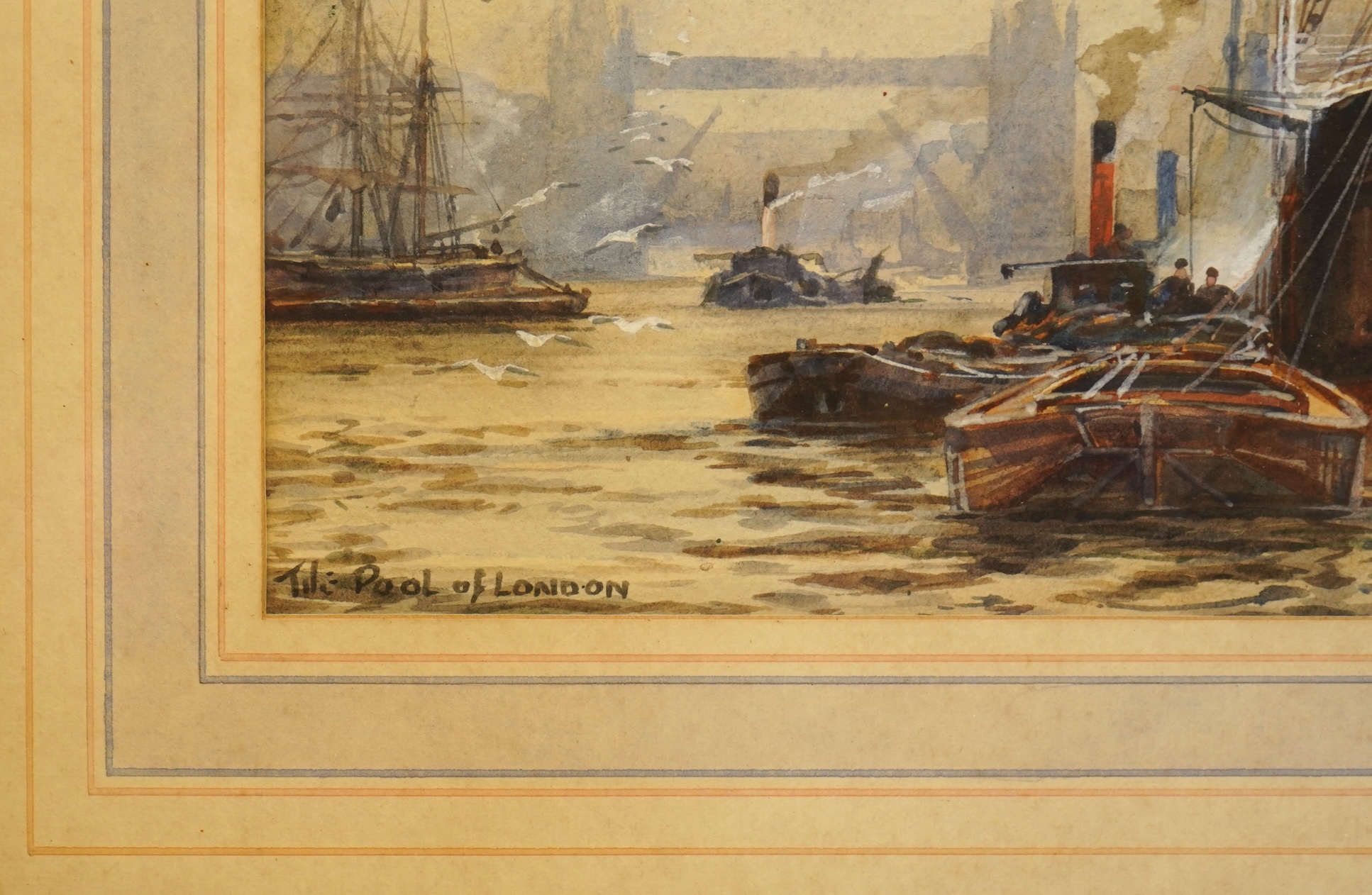 Frederick William Scarborough (1860-1939), ‘The pool of London’, signed and inscribed, watercolour, 17 x 23cm, ornate gilt frame